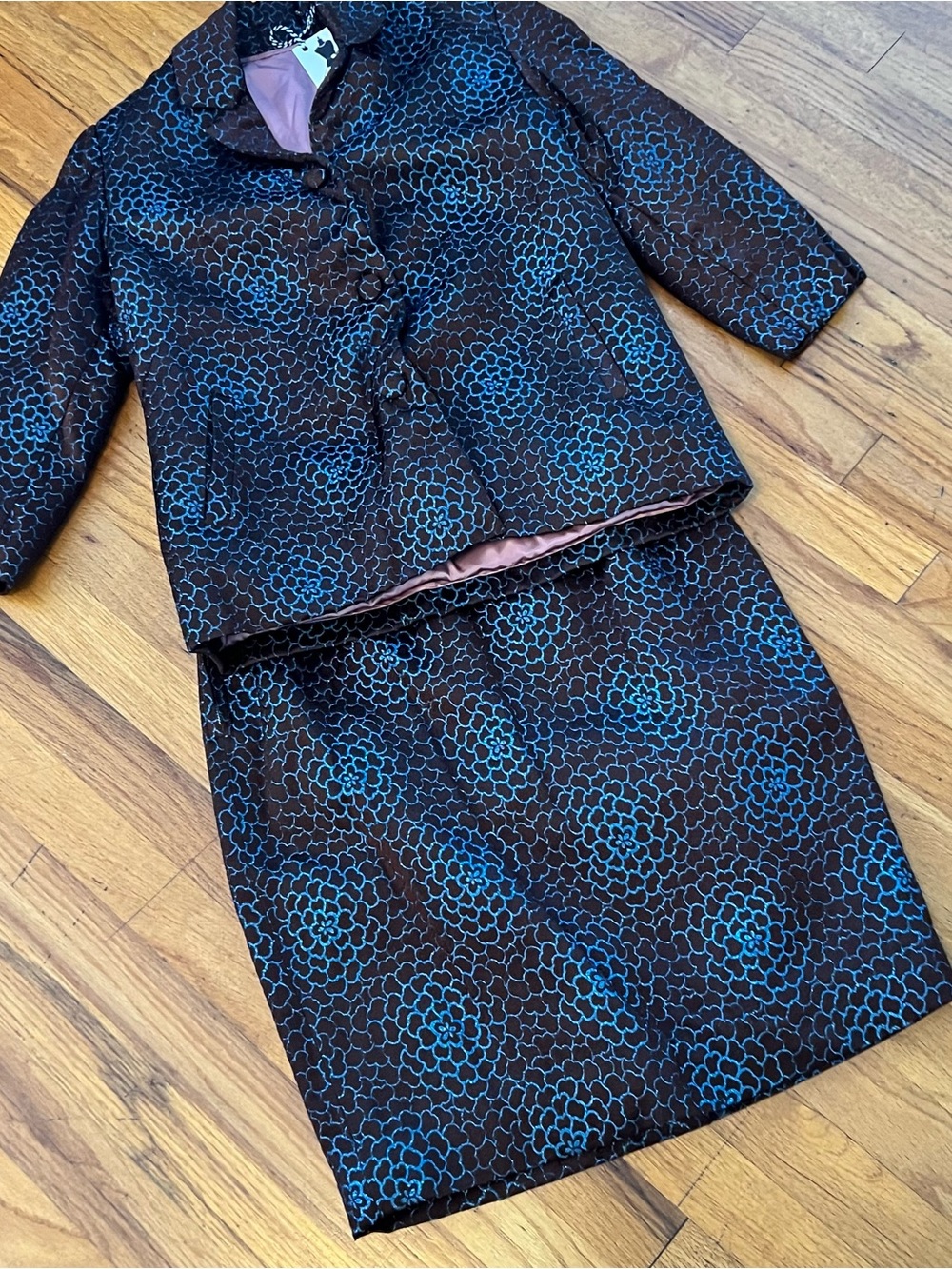 Vintage Blue and Brown Floral Brocade Skirt Set